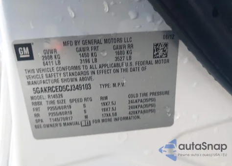 2012 Buick Enclave Leather z USA, uszkodzony, nr VIN 5GAKRCED5CJ349103